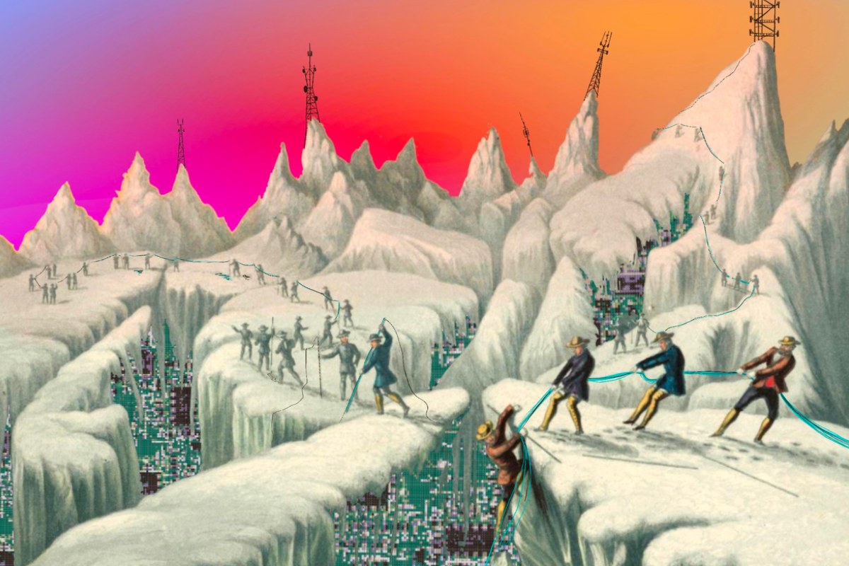 A surreal landscape of snowy cliffs with jagged mountain peaks under a vibrant gradient sky that shifts from orange to pink and purple. People wearing old-fashioned expedition clothing pull ropes across the snow, helping others traverse a crevice of circuits and wires. Tall transmission towers rise from the mountaintops, and in the depths of the canyon below, a grid of electronic circuits is melting the snow.